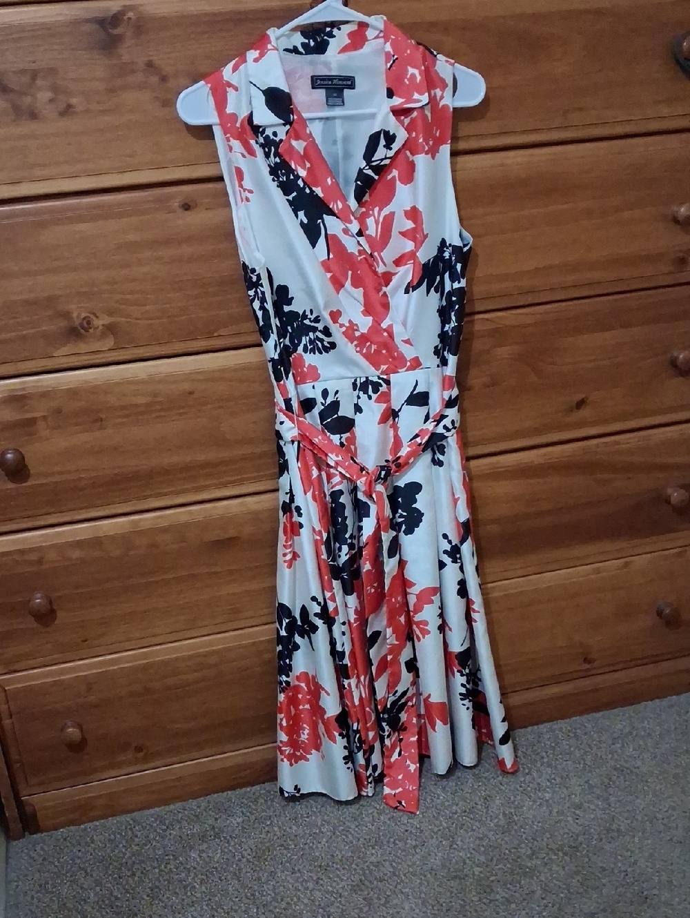Susan Graver Coral, Black & Cream Floral  Midi Dress Sz 10